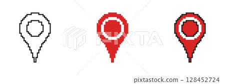 Circular Target Marker with Navigation Stem Pixelated Icon Set. Pixel Art Symbol Collection of GPS Location Focus Drop. Isolated Vector Illustration Circular Target Marker with Navigation Stem Pixelated Icon Set. Pixel Art Symbol Collection of GPS Location Focus Drop. Isolated Vector Illustration 128452724