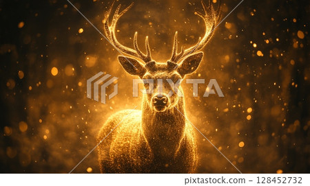 Majestic golden deer emerging from sparkling particles in a dark forest 128452732