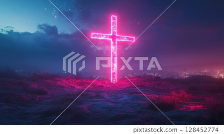 Glowing neon cross illuminating night landscape with city lights in background 128452774