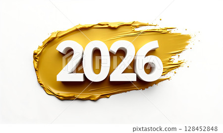 Creative golden design highlighting the year 2026 on a white background with a paint stroke effect 128452848