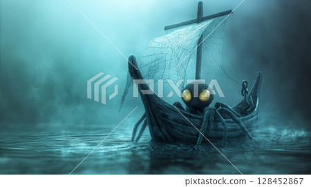 Giant spider sailing a small boat on a foggy lake at night Giant spider sailing a small boat on a foggy lake at night 128452867