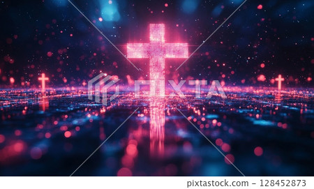 Glowing digital cross illuminating dark background with smaller crosses 128452873