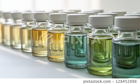 Scientist analyzing colorful chemical liquid samples in laboratory glass bottles Scientist analyzing colorful chemical liquid samples in laboratory glass bottles 128452898