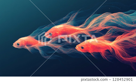 Three goldfish swimming together with flowing abstract tails 128452901