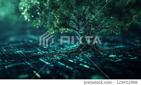 Glowing digital tree growing from futuristic circuit board 128452906