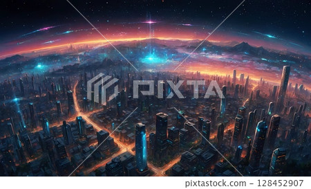遊戲背景：從飛機上看到的美麗的未來主義夜景 128452907