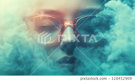 Woman wearing glasses relaxing in turquoise smoke cloud 128452909