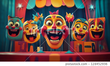 Funny colorful masks smiling on circus stage Funny colorful masks smiling on circus stage 128452936