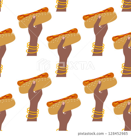 Afro American Female hands Hold Hot Dog with mustard and ketchup Seamless Pattern Fast Food Backdrop Afro American Female hands Hold Hot Dog with mustard and ketchup Seamless Pattern Fast Food Backdrop 128452985