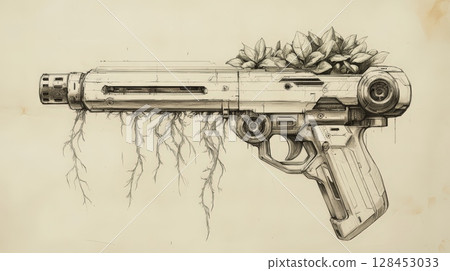 Futuristic gun covered with plants and roots symbolizing peace 128453033