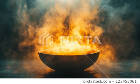 Bowl emitting orange smoke in a dark environment, magic potion concept 128453061