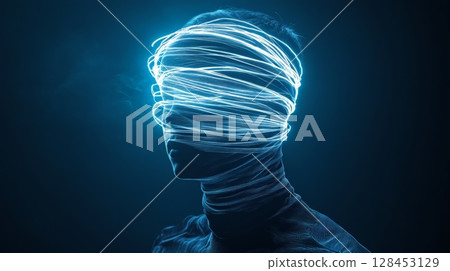 Glowing wires covering eyes symbolizing artificial intelligence 128453129