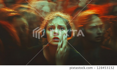 Young woman feeling anxiety and panic attack wearing headphones in crowd 128453132