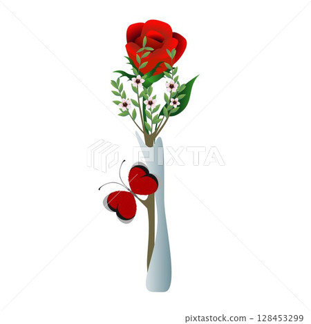 Branch with manuka flowers and red rose in vase on white background. 128453299