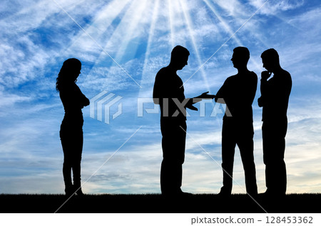 Silhouette of male workers together at a meeting, a woman stands aside Silhouette of male workers together at a meeting, a woman stands aside 128453362