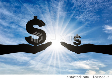 Silhouette of two hands, one holding a large sign Dolar having a large income, the other small Silhouette of two hands, one holding a large sign Dolar having a large income, the other small 128453396