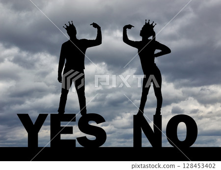 Silhouette of selfish people with crowns on their heads, prove their rightness by pointing to themselves with a finger 128453402
