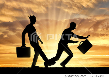 The silhouette of a selfish man with a crown on his head, expose a leg to another man who stumbles over her. 128453410