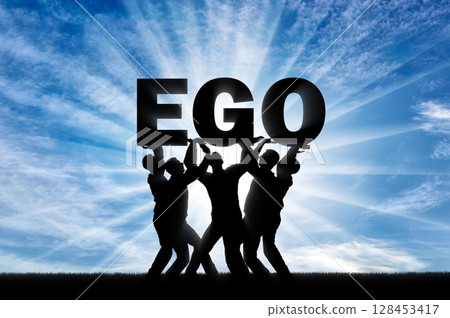 The silhouette of a selfish crowd holds the word ego. The silhouette of a selfish crowd holds the word ego. 128453417