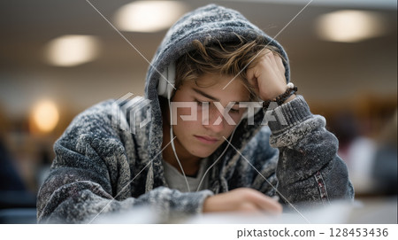 Teen boy in hoodie focused on heart rate monitor during study session 128453436