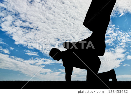 Silhouette of a large leg pressing on a man who fell on all fours. Silhouette of a large leg pressing on a man who fell on all fours. 128453482