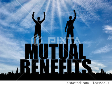 Silhouette of two happy men with raised arms standing on the word mutual benefit Silhouette of two happy men with raised arms standing on the word mutual benefit 128453494