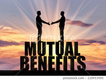 Silhouette two men are going to shake hands, standing on the word mutual benefit 128453495