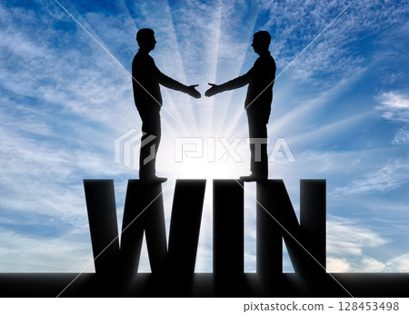Silhouette two men are going to shake hands, standing on the word win. 128453498