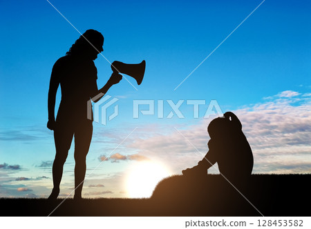 A little girl is crying and her mother screams at her into the loudspeaker, teaches her discipline A little girl is crying and her mother screams at her into the loudspeaker, teaches her discipline 128453582