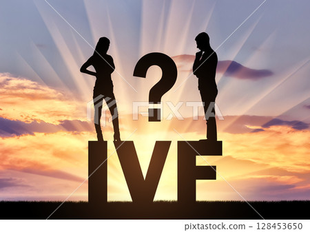 Thoughtful man and woman standing on the word IVF think of in vitro fertilization 128453650