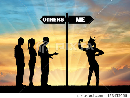A woman is selfish with a crown, showing her superiority over other people A woman is selfish with a crown, showing her superiority over other people 128453666