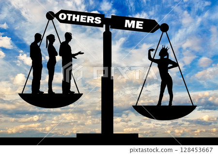 A selfish woman with a crown and a crowd on the scales of justice A selfish woman with a crown and a crowd on the scales of justice 128453667