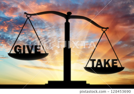 On the scales of justice, two words - give and take. The word to take is heavier On the scales of justice, two words - give and take. The word to take is heavier 128453690