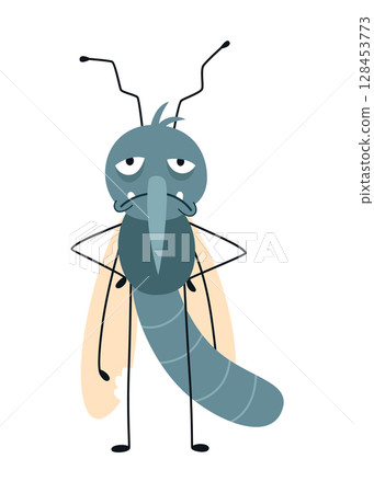 Cartoon mosquito, tired character. Bloodsucker insect, color flat icon. Cute mosquito isolated vector illustration 128453773