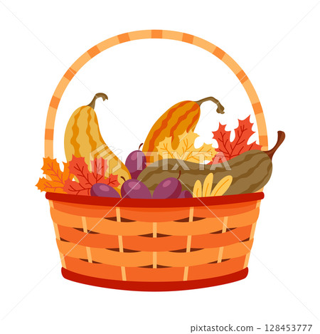 Basket autumn harvest icon. Grocery products in eco basket. Fresh organic healthy vegetarian food. Wicker baskets with autumn harvest of fruits and vegetables isolated on white 128453777