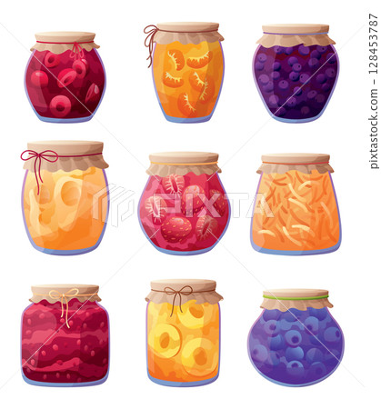 Jam jars set. Homemade berries and fruit jam, natural organic products. Breakfast food, sweet fruit dessert vector illustration. Winter pot on white background 128453787