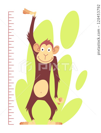 Height measure with growth ruler chart with cute cartoon monkey animal. Funny kids meter, wall scale to measure growth. Children room wall sticker as interior decor 128453792