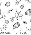 Black and white marine seamless pattern with variety of seashells and coral branches. The hand drawn vector illustration in sketch style. Ideal for coastal themed designs fabrics nautical decorations. 128453838