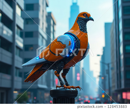 Futuristic robotic pigeon stands on a city street amidst modern skyscrapers in bright daylight 128453883