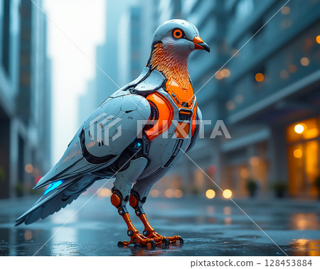 Futuristic robotic pigeon stands in a city street showcasing advanced technology and design 128453884