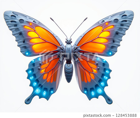 Colorful butterfly showcasing vibrant orange and blue wings against a clean white background in a striking display 128453888