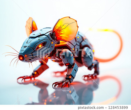Robotic mouse figure with glowing features displayed in a minimalist setting showcasing technology and creativity Robotic mouse figure with glowing features displayed in a minimalist setting showcasing technology and creativity 128453899