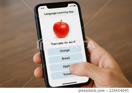 語言學習應用中用於記憶單字的測驗螢幕 128454045