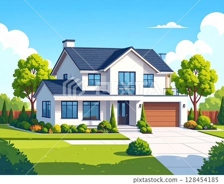 Illustration of the exterior of a house seen from diagonally above 128454185