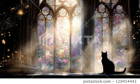 The illusion of a silent cathedral and a black cat 128454441