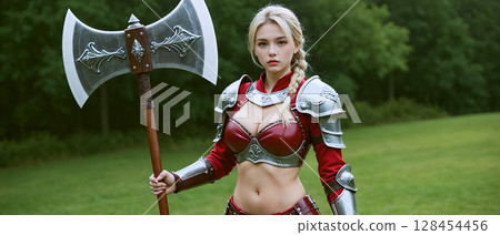 美麗的金髮女人，拿著一把巨大的斧頭 128454456
