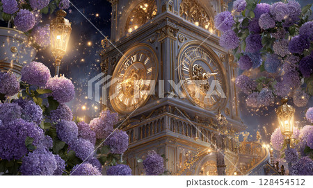 繡球花和星光燦爛的鐘樓之夜 128454512