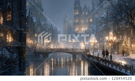 運河沿岸的冬季街景 128454520