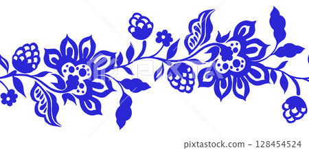 Vector seamless frame with oriental ornaments. Blue frame with flowers. Vector seamless frame with oriental ornaments. Blue frame with flowers. 128454524