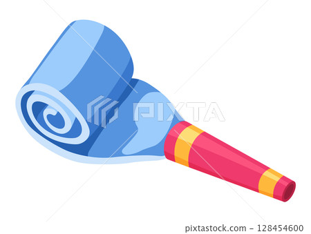 Party blower or noise maker icon. Rolled sound, celebration concept. Flat design of party horn sticker. Vector cartoon illustration Party blower or noise maker icon. Rolled sound, celebration concept. Flat design of party horn sticker. Vector cartoon illustration 128454600